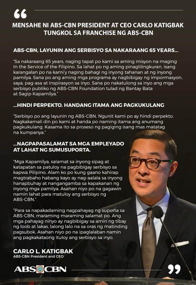 Statement Of Abs Cbn President And Ceo Carlo Katigbak On The Franchise Renewal Of Abs Cbn 